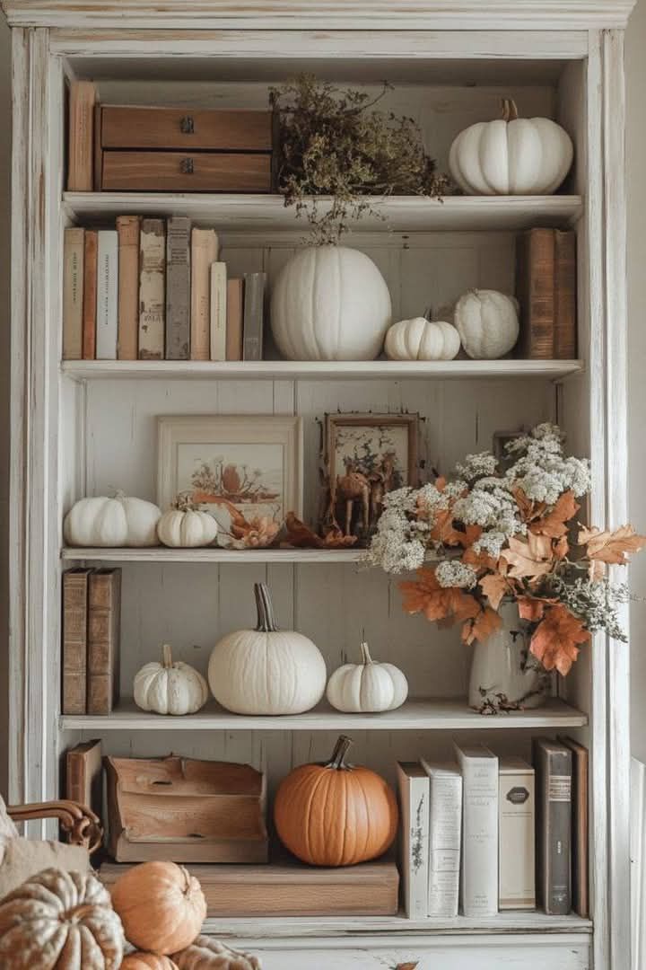 Fall shelf ideas, cozy fall shelf ideas, shelf ideas for fall, living room shelf ideas for fall.