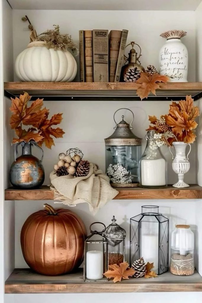 Fall shelf ideas, cozy fall shelf ideas, shelf ideas for fall, living room shelf ideas for fall, dining room shelf ideas for fall.