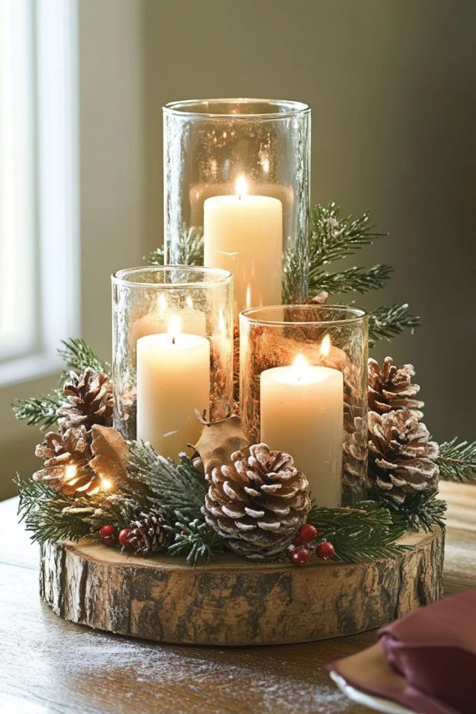 Christmas table centerpieces with candles in vases, pine cones, and cranberries on a wooden tray.