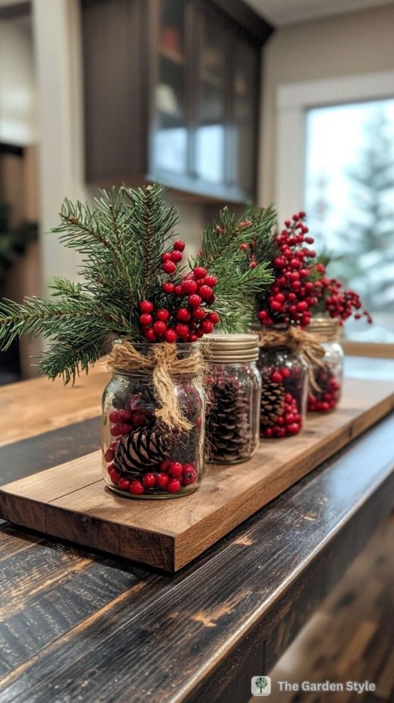 Rustic holiday Christmas table centerpiece with mason jars, cranberries, and pine cones on a wooden base.