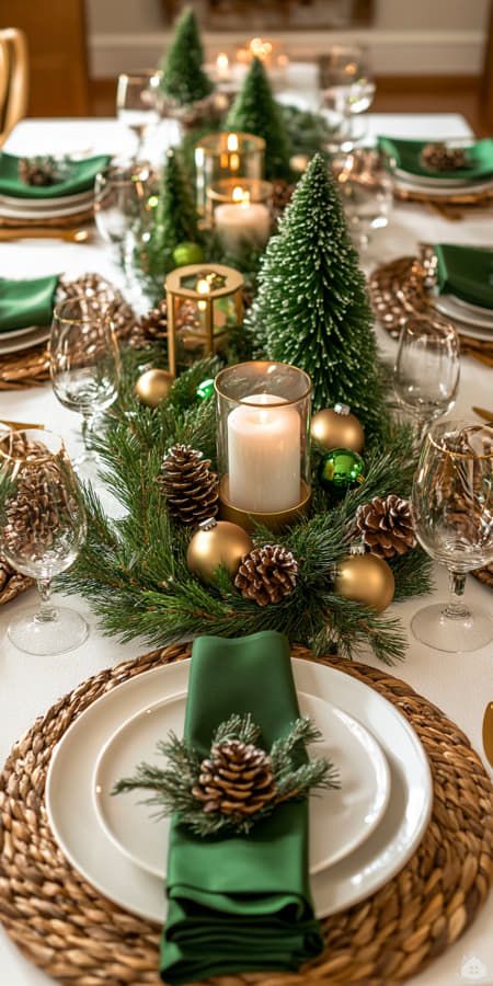 Elegant Christmas table centerpieces featuring a greenery runner, candles, and pine cone accents.