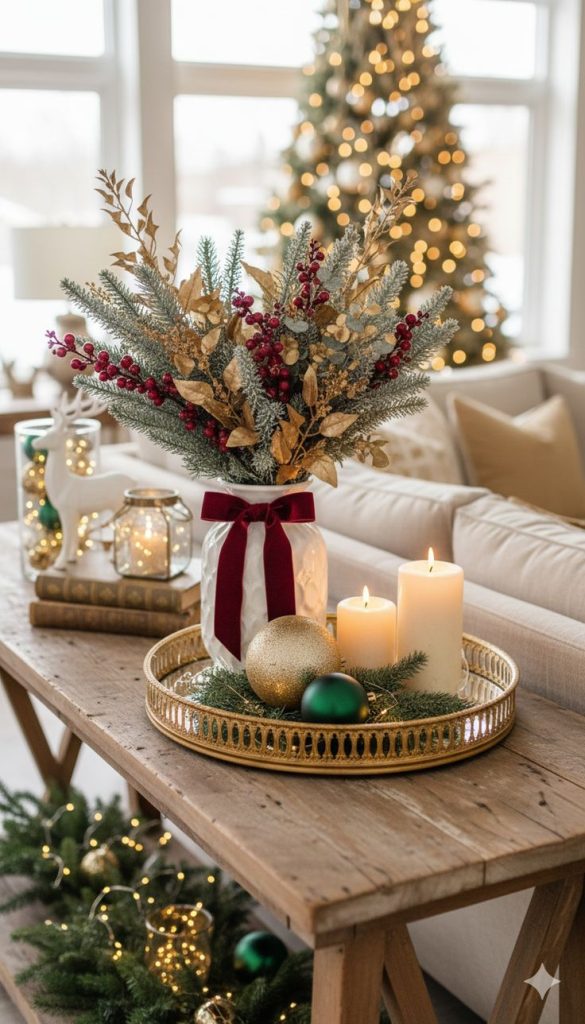 Cozy living room coffee table styled with Christmas decor a vase of pine branches and a glowing Christmas tree in the background showcasing festive Christmas decor ideas for the home.