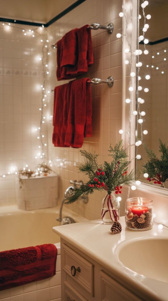 Bathroom decorated for Christmas with white string lights red accent towels and festive white shower decor offering simple and stylish Christmas decor ideas for the home.